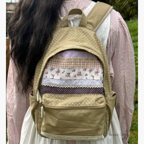 Floral Polka Dot Canvas Backpack with Lace Details, Adjustable Straps main image 6